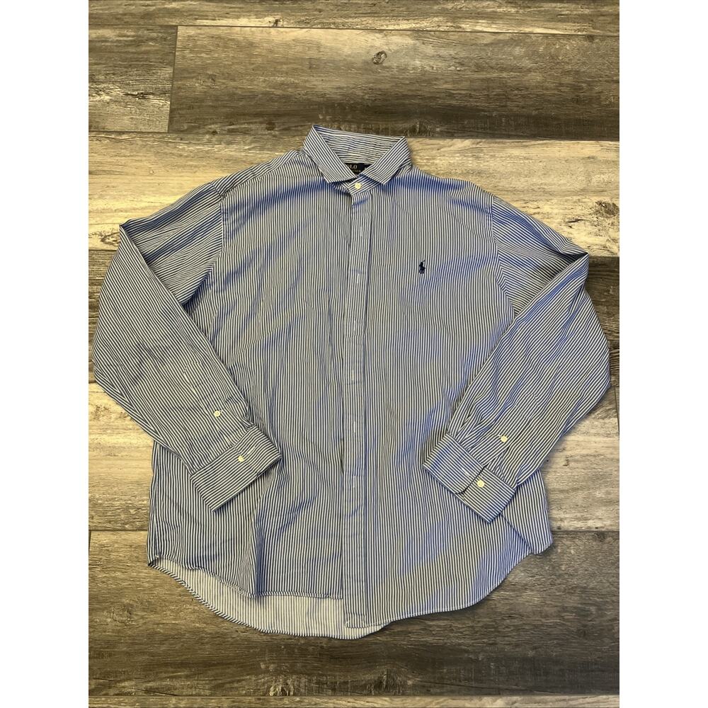 Polo Ralph Lauren Shirt Mens 2XL XXL Button Up Knit Oxford Blue Stripe Pony